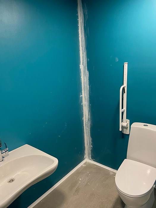 Færdigmalet badeværelse. Men så skulle der lige fuges om. Den fikser du lige ikk' maler? Foto Bo Bjerregaard