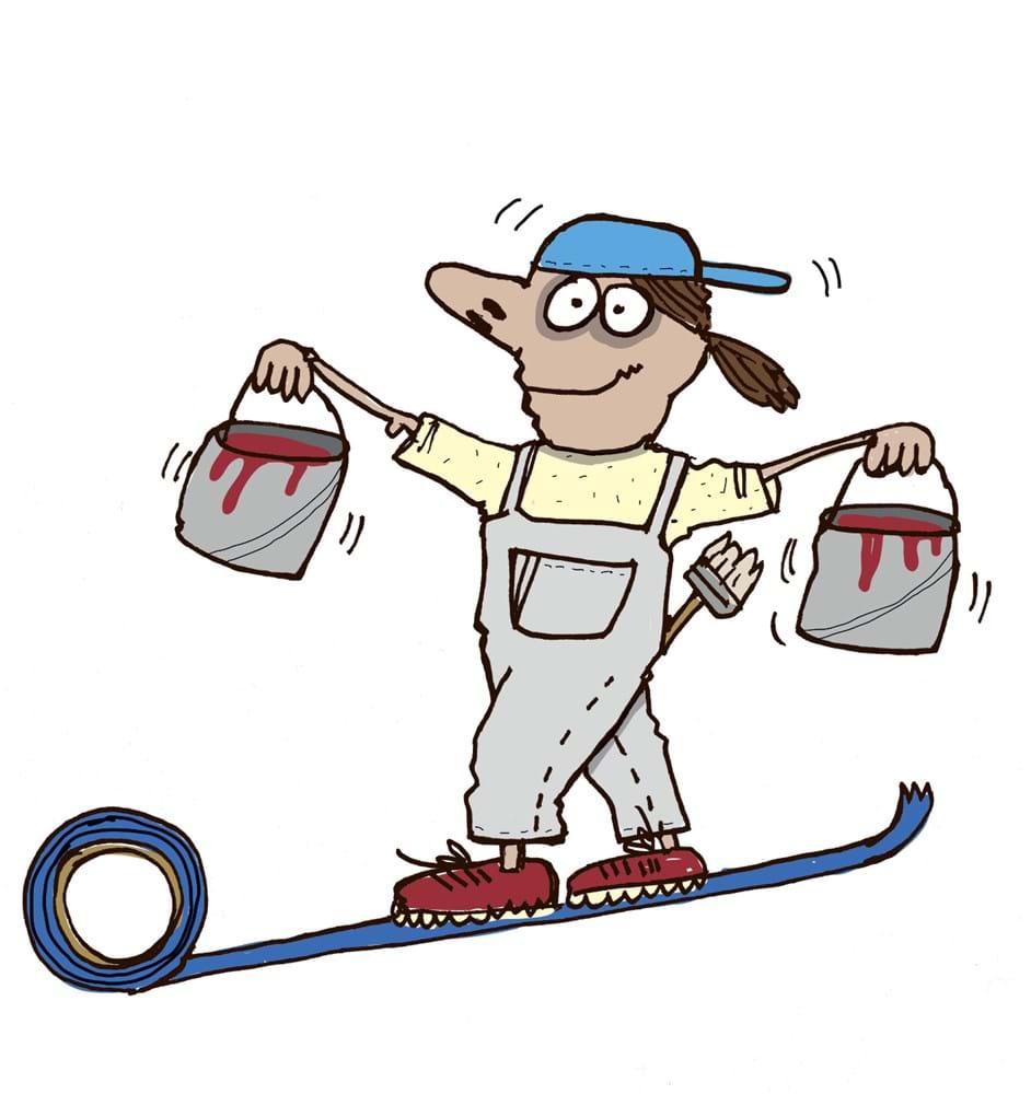 Vi lærer tingene på forskellilge måder. Noget forstår vi med hjernen, andet skal vi lære motorisk - ved at gøre tingene og bevægelserne igen og igen. Som at lære at cykle eller gå på line. Illustration Camilla Ludvigsen.